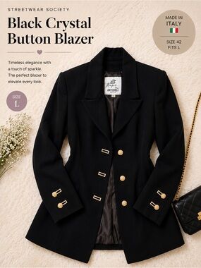 Vintage Italian Crystal Button Blazer | Tailored Padded Shoulder | Size 42/L